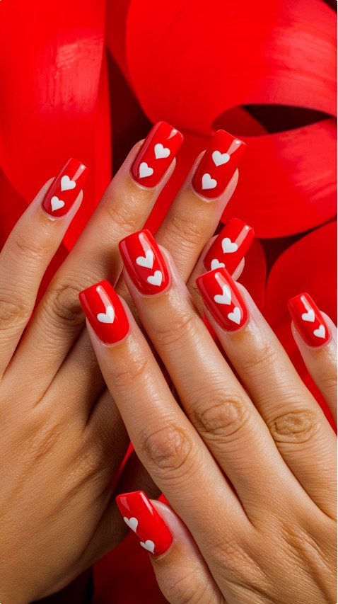 Bright Red with Heart Accents - Red Nails