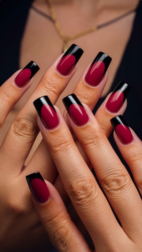 Deep Red with Black Tips - Red Nails