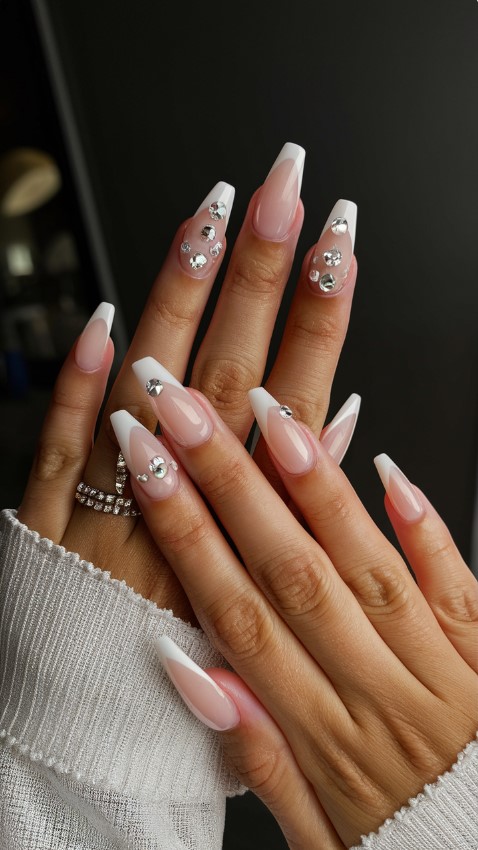 French Tips with Gemstones - French Tip Nails