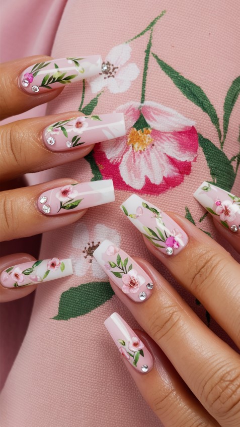 Pink Summer Nails Idea - Floral