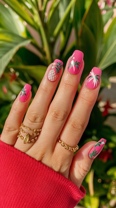 Pink Summer Nails - Tropical Pink Paradise