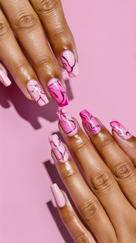 Pink Swirly Marble Magic - Pink Nails