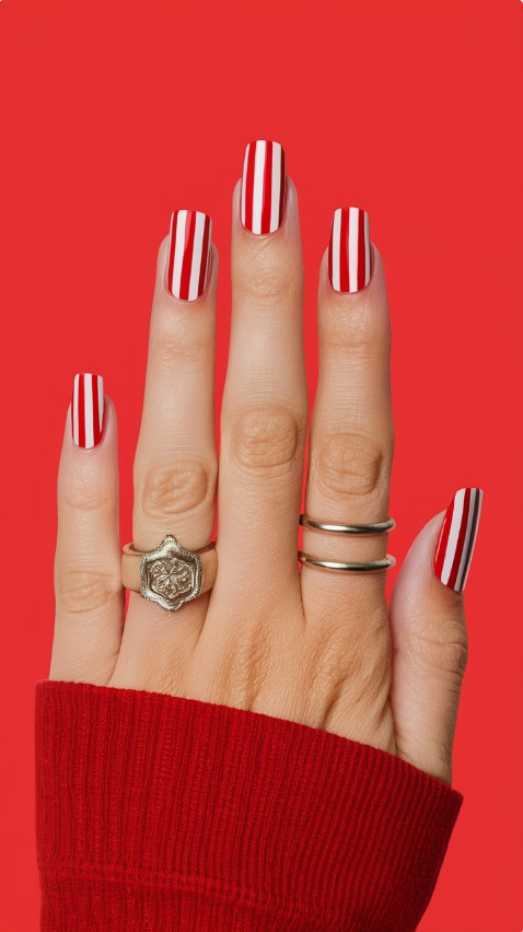 Red and White Stripes - Red Nails