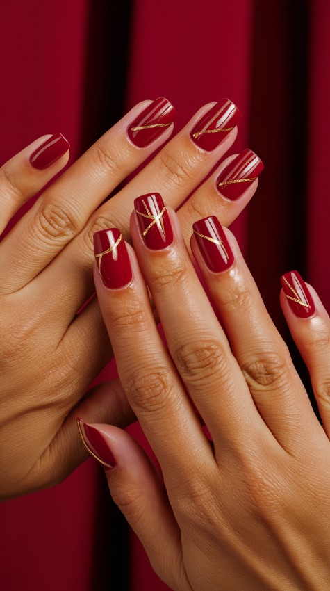 Red with Gold Accent - Red Nails