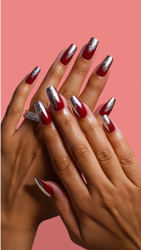 Red with Silver Foil - Red Nails