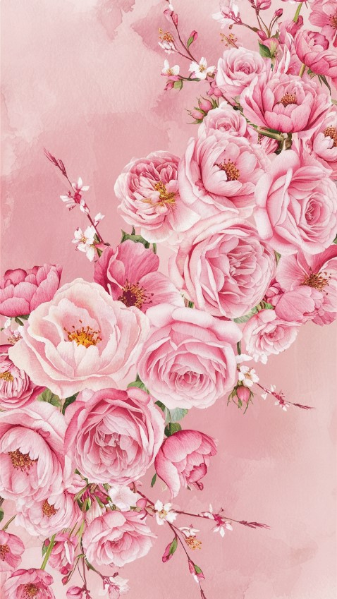 Soft, watercolor-style flowers cascading across a pink background. Pink Wallpaper