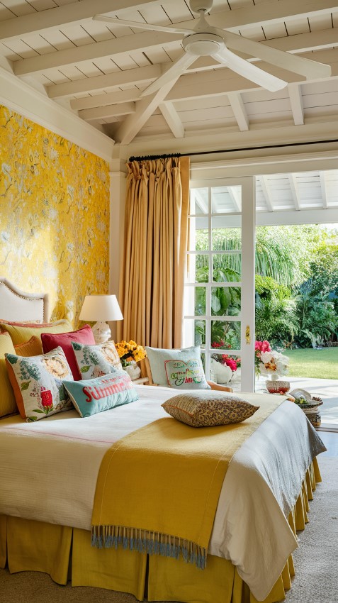 Summer Bedroom Décor Idea With Sunny Floral Patterned Wallpaper