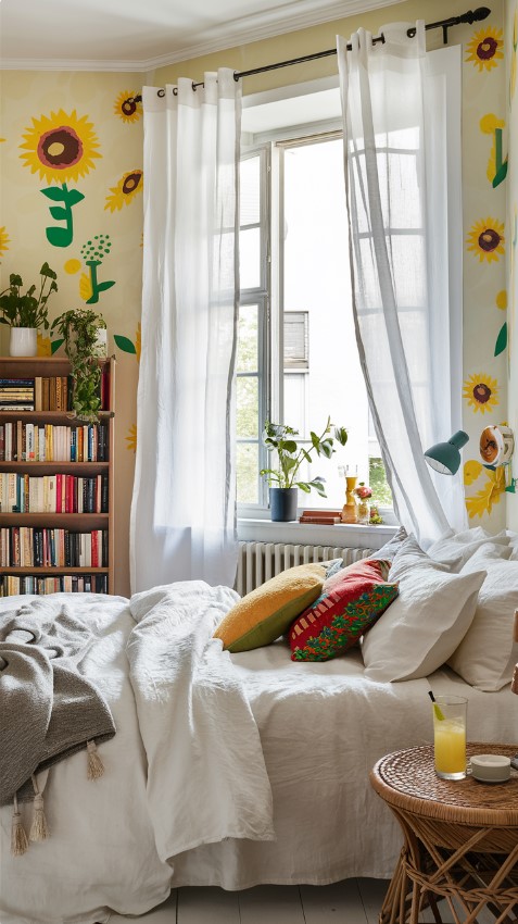 Summer Bedroom Decor With Soft Adorned Sunny Yellow Wallpaper Featuring Sunflowers