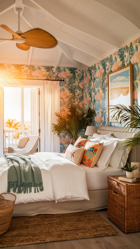 Summer Bedroom Decor With Tropical Floral Wallpaper and Soft Pastel Hues