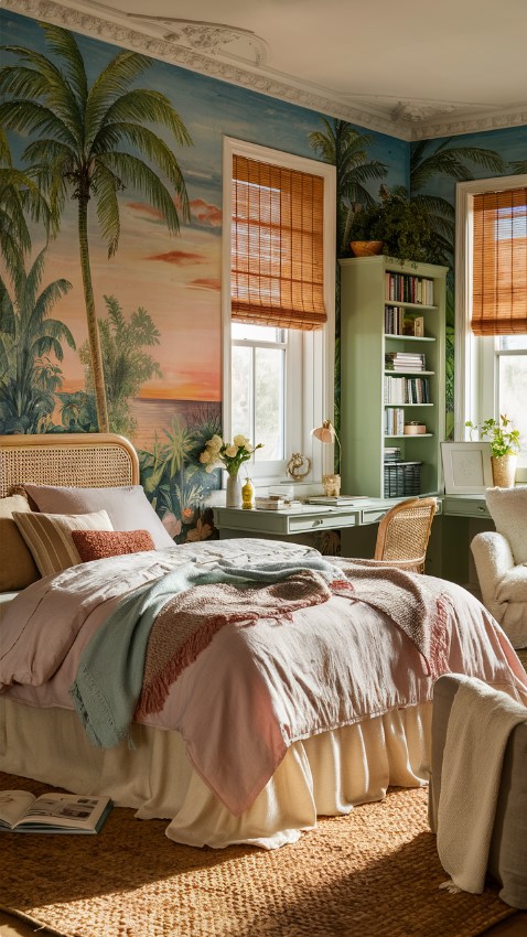 Summer Bedroom Decor With Tropical Mural Featuring Palm Trees