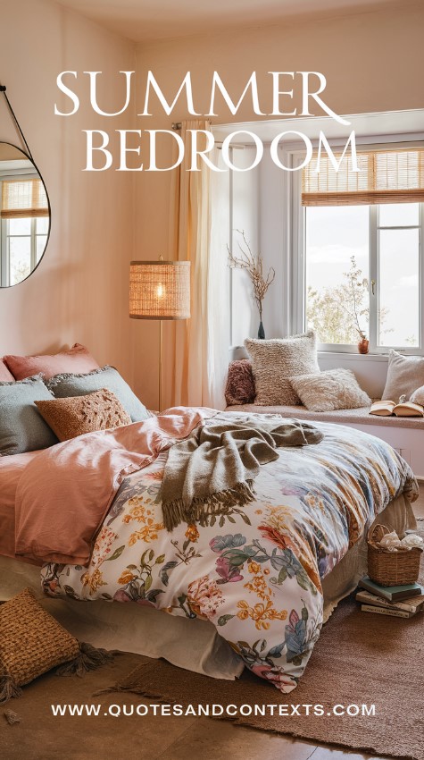 Summer Bedroom Decor adorned with soft pastel colors and light, airy fabrics