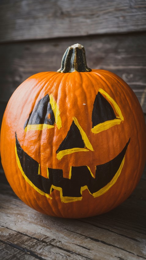 A pumpkin with a painted face, resembling a smiling jack-o'-lantern.