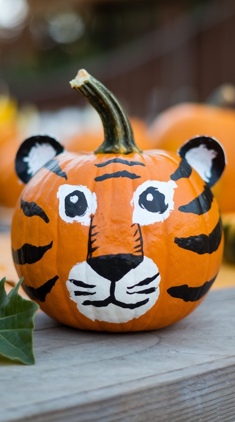  A pumpkin painted as a tiger with orange and black stripes, sitting on a wooden surface. The pumpkin has a green stem