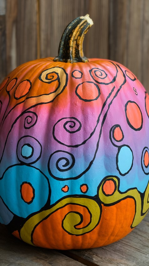 This pumpkin has a gradient of orange, pink, and blue. There are swirls, waves, and circles of different sizes in various shapes.