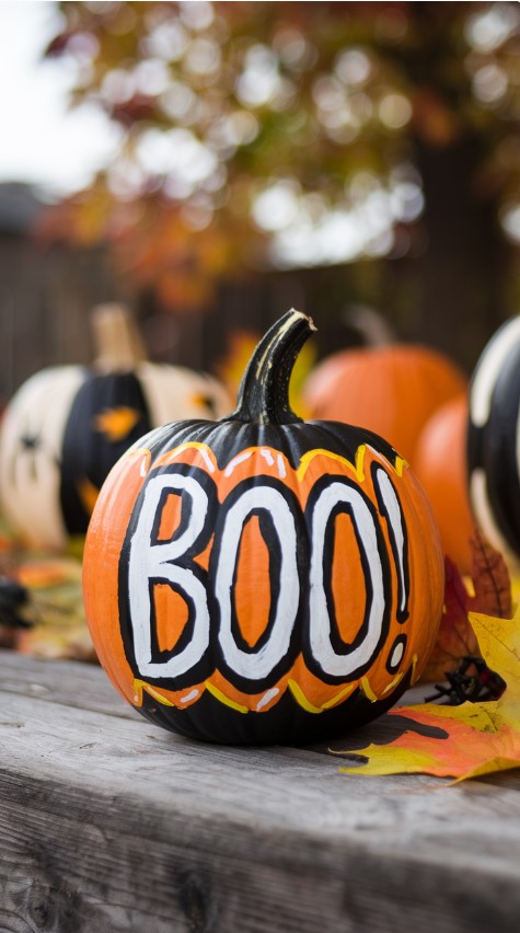 A photo of a painted pumpkin with the text Boo!. The pumpkin is painted with orange, black, and white. 