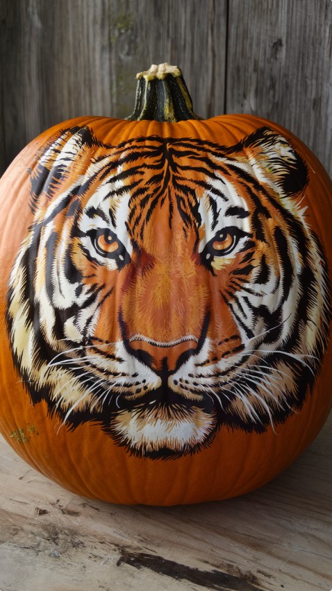 A pumpkin with a large, detailed design of a tiger's face. The eyes of the tiger are made of small, white pumpkins.