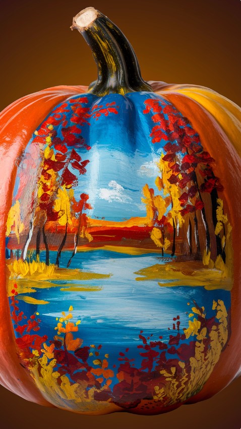 A pumpkin with a painting of a serene autumn landscape. The pumpkin is painted with a gradient of orange, yellow, and red. The landscape painting features a calm lake surrounded by trees with orange, yellow, and red leaves. The sky is a deep blue with a few white clouds.