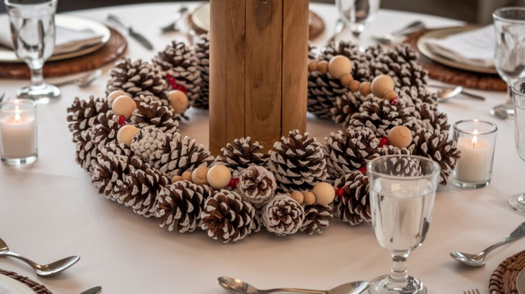 Christmas Table Decorations -DIY Snowy Pinecone Garland