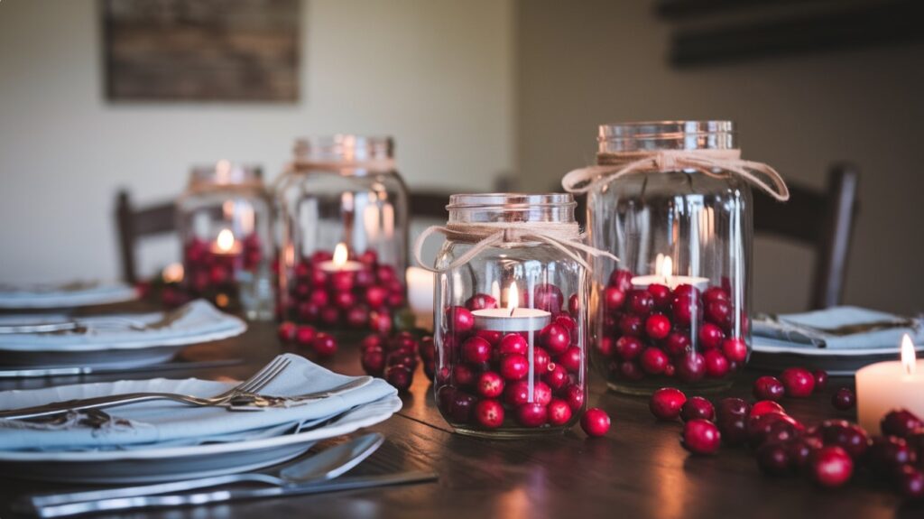 Christmas Table Decorations - Jar and Berry Candle Holders