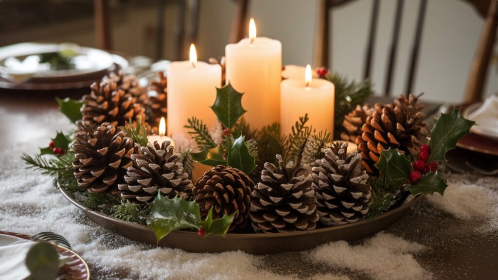 Christmas Table Decorations -Natural Centerpiece with Pinecones and Candles