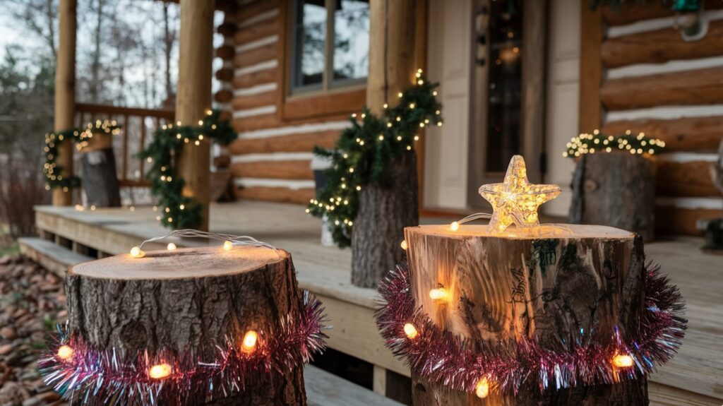 Outdoor Christmas Decor Ideas - DIY Tinsel Tree Stumps