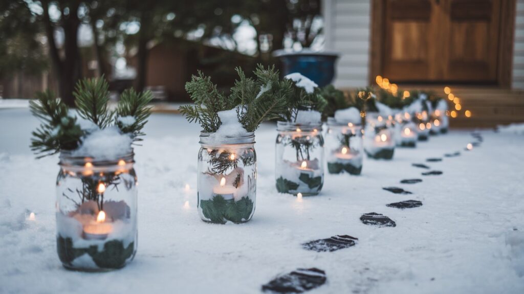 Outdoor Christmas Decor Ideas - Mason Jar Snow Globe Pathway Lights